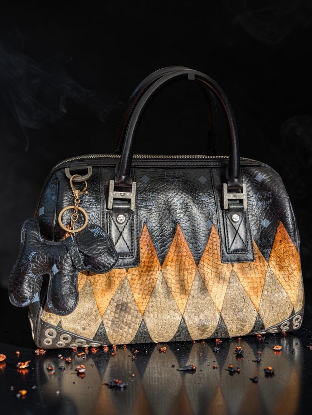 MCM Rare Harlequin Python and Leather Boston Satchel